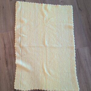 Handmade Yellow Crochet Knit Baby Throw Blanket Scalloped Edges Rectangular